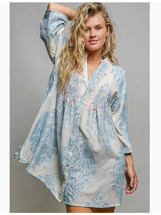 POL Dresses & Skirts - POL Cape Cod Blue/White Embroidered Dress with Fish Beads - NWT